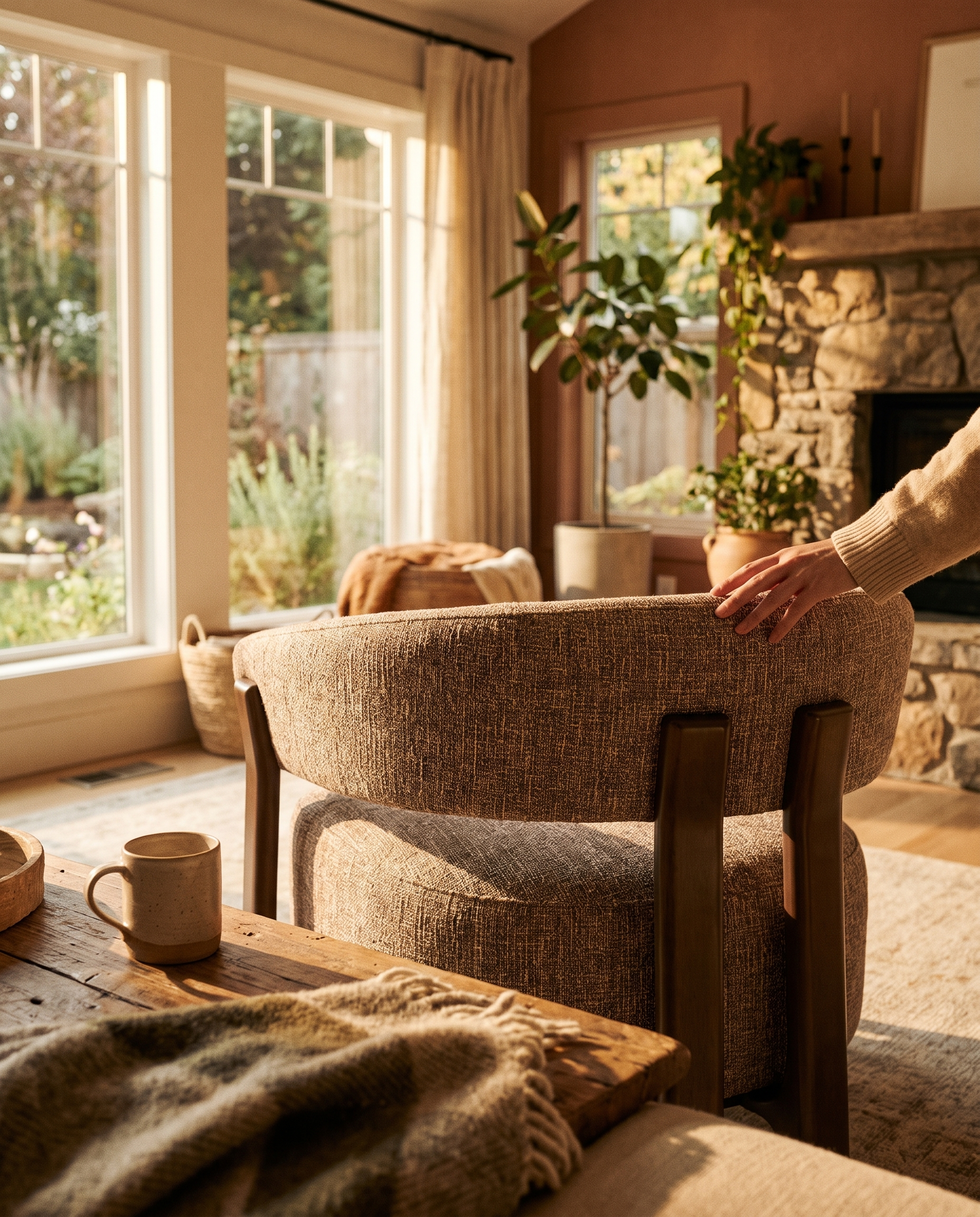 Sfeervolle lifestyle-foto van een stoel in een warm interieur