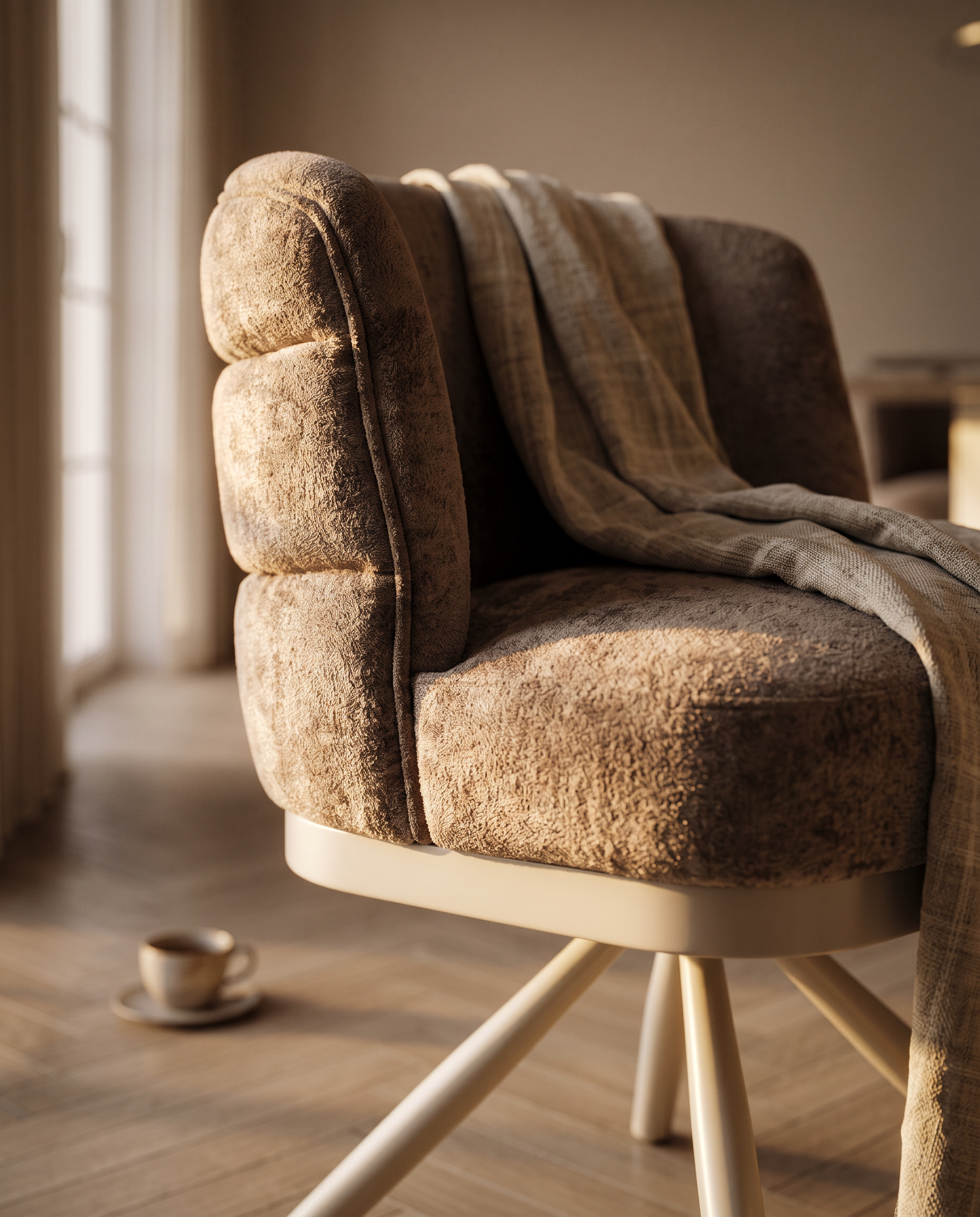 SOCIAL - Bologna eetkamerstoel taupe - detail met plaid gouden licht