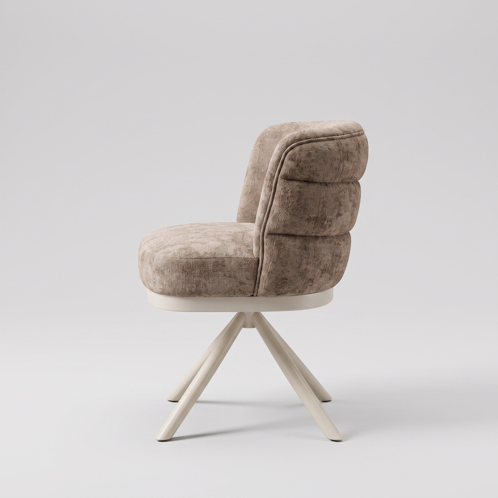 Bologna eetkamerstoel taupe chenille, driekwart zijaanzicht met crèmewitte draaipoot