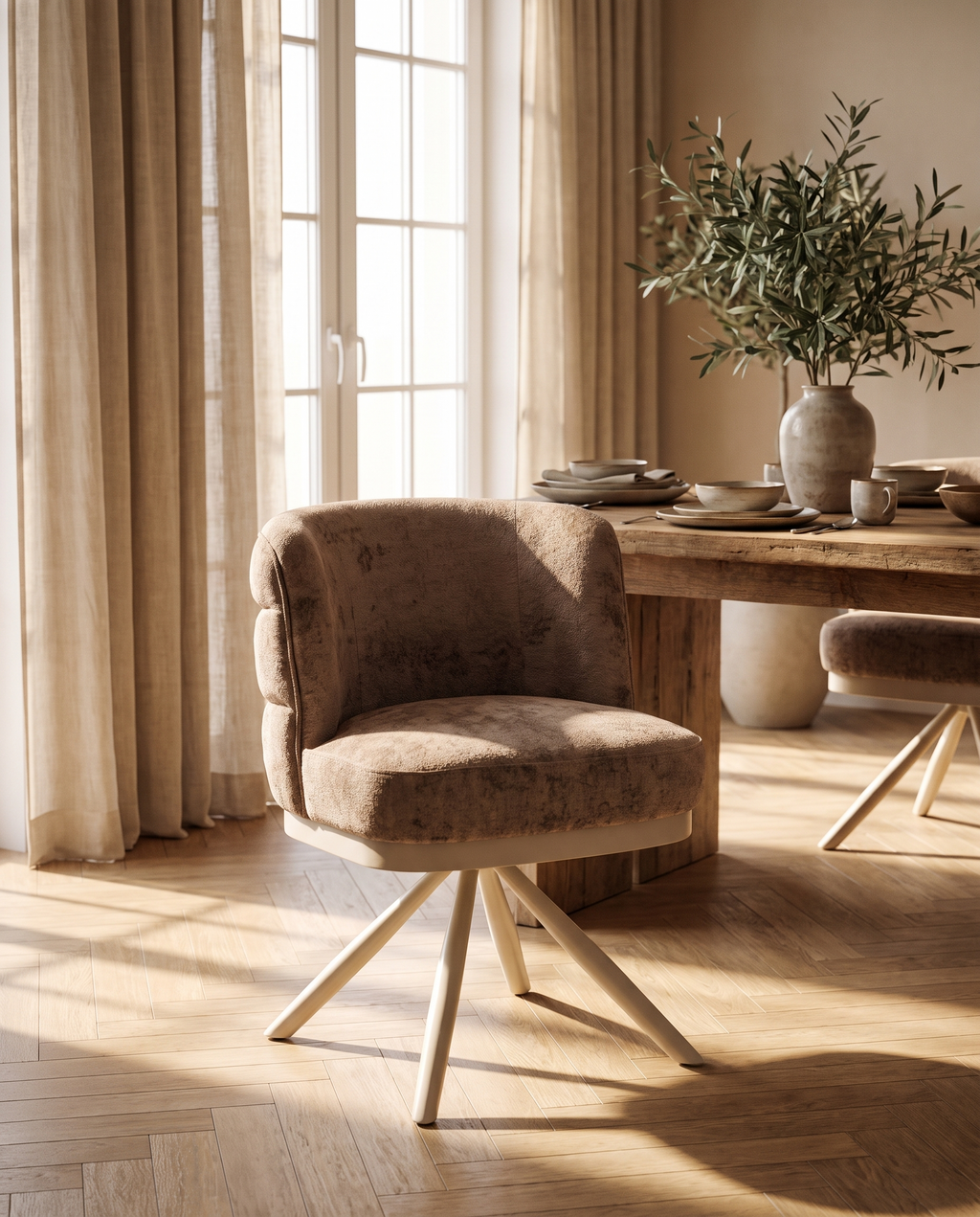 SOCIAL - Bologna eetkamerstoel taupe - lifestyle eetkamer ochtendlicht